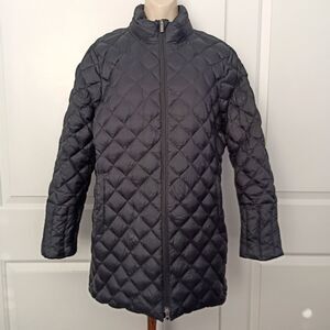 Lands End Black Down Puffer Coat Women's L Diamond Quilted Thigh Length Zip Up